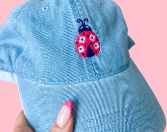 Marienkäfer Hut | Lady Bug Ballmütze | Marienkäfer Zubehör | Damen Denim Dad Hat | | Naturliebhaber Mütze | Boho Accessoires