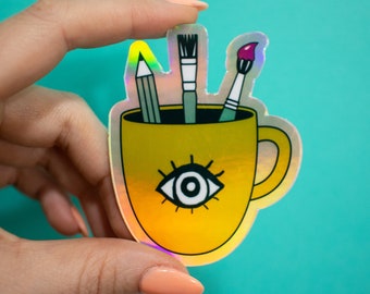 Coffee and Creativity Sticker | Gifts for Artists | Stickers for Artists |  Mug Holographic Artist Sticker | Eye Sticker | Art Lovers