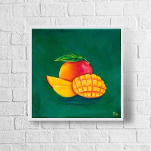 May include: A painting of three mangoes on a green background. The mangoes are yellow, orange, and red. The painting is framed in white.