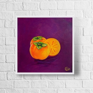 Persimmon Art Print | Colorful Persimmon Painting | Persimmon Gift Ideas | Fruit Wall Art Decor | Persimmon Lovers | Colorful Kitchen Art