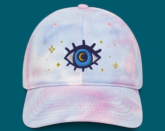 Augenhut Tie Dye | Bunte Dritte Augen Mütze bestickt | Augapfelmütze | Geschenke für Augenliebhaber | Augen Accessoires