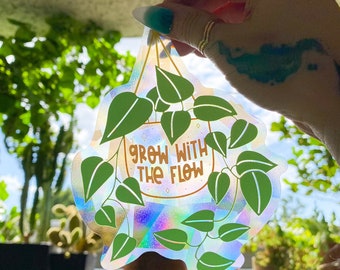 Plant Suncatcher Decal | Grow With The Flow Sun Catcher | Rainbow Sticker for Windows | Rainbow Maker | Plant Lover Gift Ideas