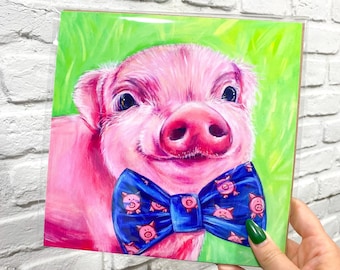 Pig Art Print | Colorful Pig Painting | Pig Lover Gift Ideas | Piglet with Bow Tie | Cute Pig Decor