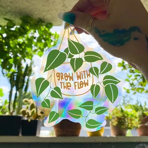 Plant Suncatcher Decal | Grow With The Flow Sun Catcher | Rainbow Sticker for Windows | Rainbow Maker | Plant Lover Gift Ideas