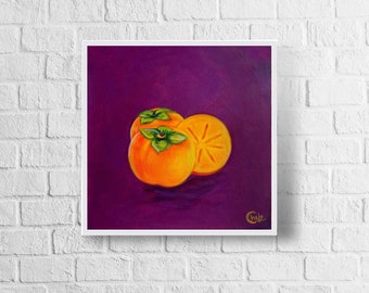 Persimmon Art Print | Colorful Persimmon Painting | Persimmon Gift Ideas | Fruit Wall Art Decor | Persimmon Lovers | Colorful Kitchen Art