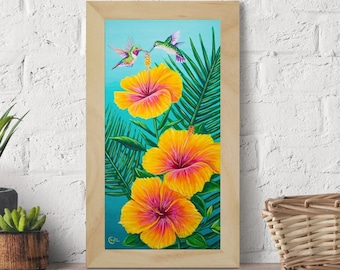 Hibiscus-kunstprint 6x12 | Kolibrie kunst | Tropische Hibiscus Home Decor | Kleurrijke kolibrie schilderij |