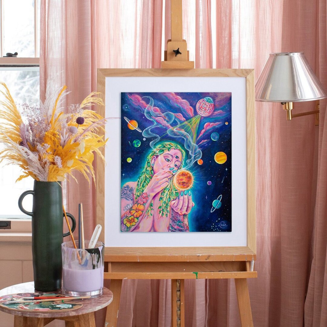 skoloct GANJAH GANJAH STAR キャンバスアート Stoner Painting | Cannabis Girl Art Print | Smoking Cannabis