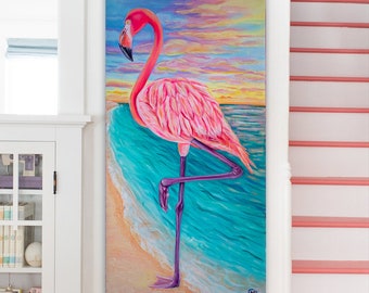 Flamingo-kunstprint 6x12 | Flamingo schilderij | Flamingo-decor | Flamingo op het strand | Kleurrijke Flamingo kunstprint | Flamingo-cadeaus
