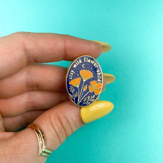 Wildflower Pin | Stay Wild Flower Child Pin | Boho Accessories | Pins with Sayings | California Poppies Enamel Pin