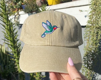 Hummingbird Hat | Hummingbird Gift | Unisex Hat | Tan Cap | Hummingbird Accessories | Embroidered Vintage Dad Hat | Bird Lovers
