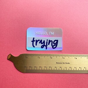 以下が含まれることがあります： 黒い文字で「HELLO, I'M trying」と書かれたホログラフィックなネームタグ。ネームタグの下にはバナナの形をした定規があります。