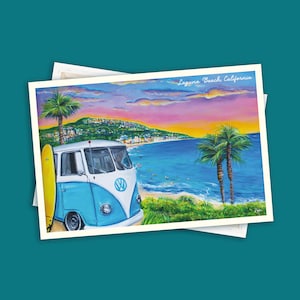 Postal de Laguna Beach 4x6 / Autobús retro vintage / Arte del sur de California / Condado de Orange