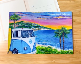 Laguna Beach Postcard 4x6 | Vintage Retro Bus | Southern California Art | Orange County