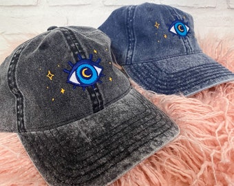 Evil Eye Hut Vintage Denim | Third Eye Hut | Bestickte Augapfelmütze | Augen Geschenkideen | Augenliebhaber | Damen Augen Accessoires |