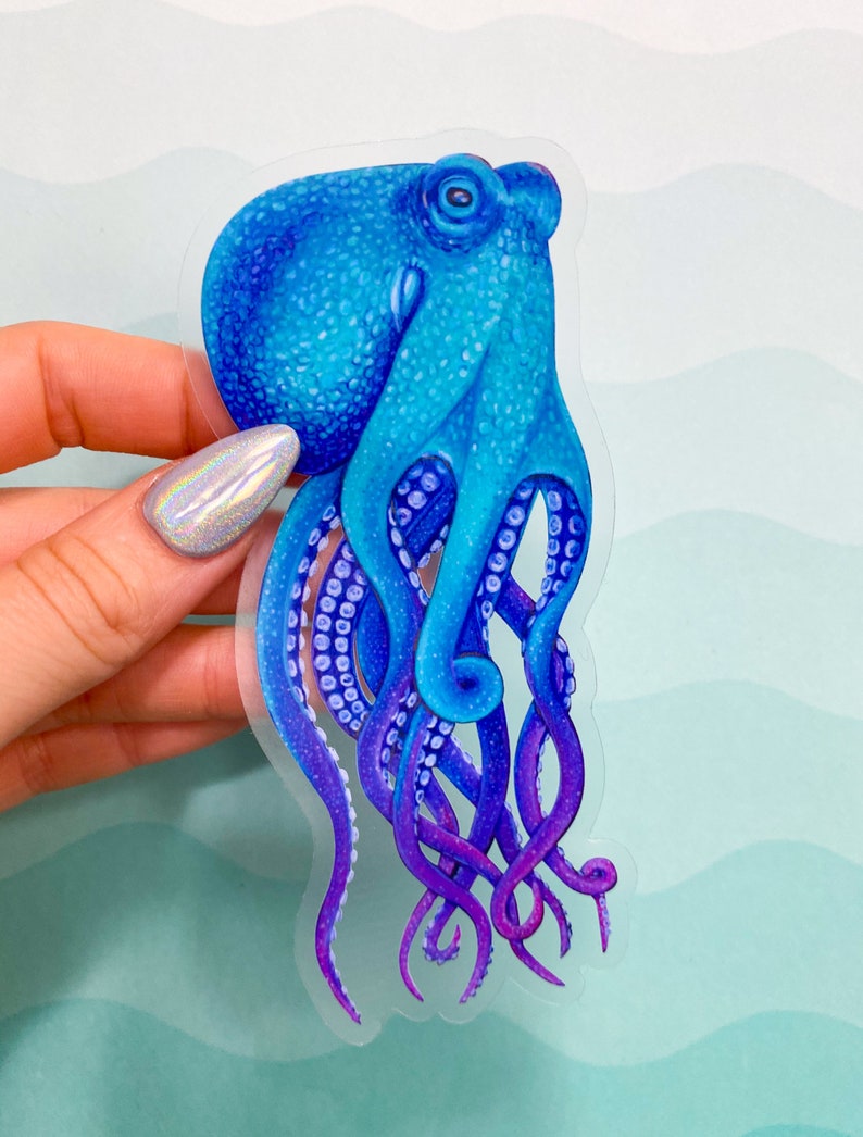 May include: A blue and purple octopus sticker with a clear background. The octopus has a detailed, textured body and tentacles.