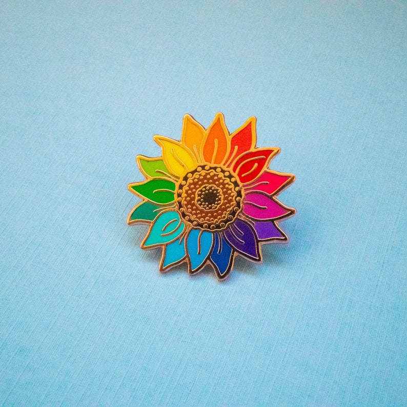 Rainbow Sunflower Pin: Flower Lover Pin Floral Gift Ideas Unity Rainbow Enamel Pin Flower Child Lapel Pin Rose Gold + Bright