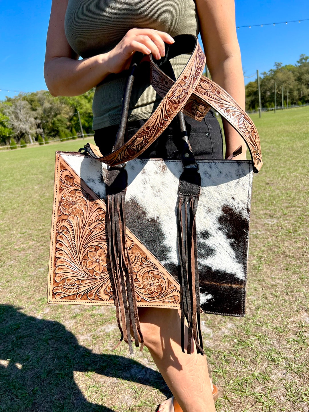 SALE Tooled Crossbody, Large Cowhide, Genuine Leather, Laptop Bag