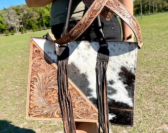 SALE Punzierte Crossbody, Große Rindsleder, Echtleder, Laptop Tasche, Western Geldbörse, Fransen, Western Floral Tasche, Cow Girl Tasche