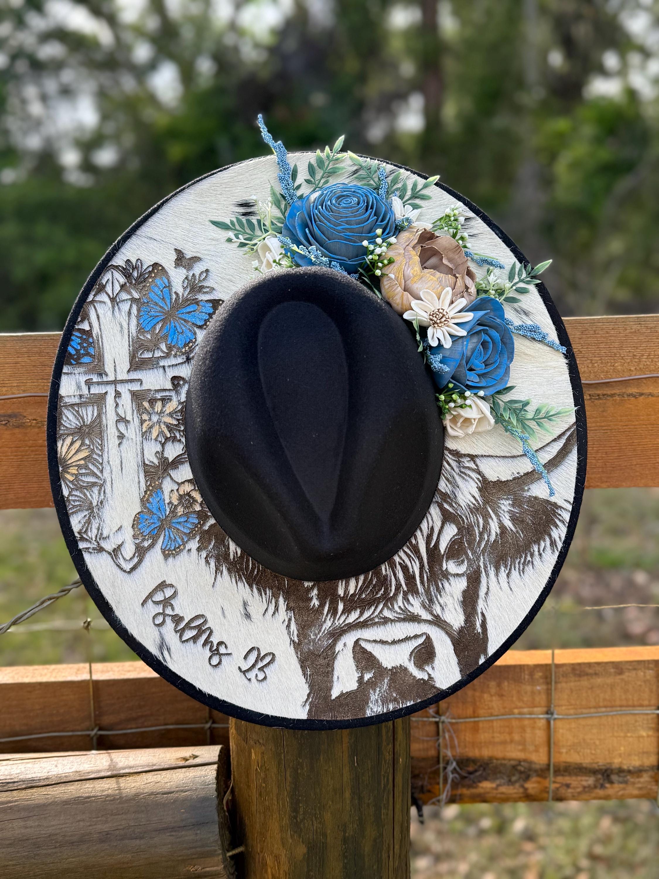 Hand painted KellyMade Wide Brim Ranch Style Hat Yellowstone national park burned beige suede wide brim  main image 3