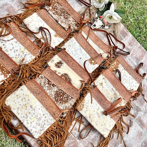 Real Cowhide Cross body Clutch Monedero Bolsa Cartera Marrón / oro blanco Regalo de cuero grabado occidental