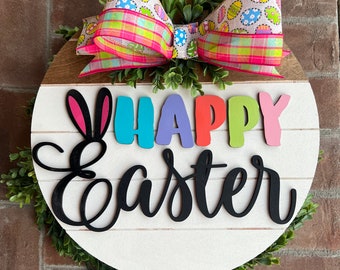 3D Happy Easter door hanger with peeps, Easter decor, Happy Easter, Bunny door hanger