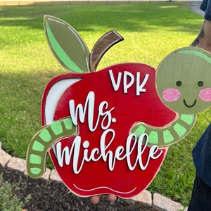 SHIPS fast Teacher Gift, 3D apple worm cut name sign classroom decor- teacher graduation gift Elementary school- personalized