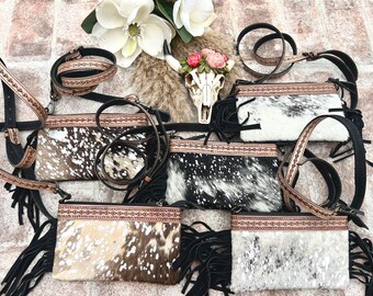 Real Cowhide Wristlet Clutch Bolsa Cartera Brown / negro Western Engraved Leather Gift