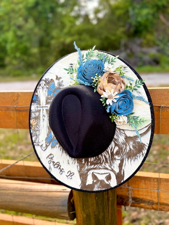 Cowhide Engraved Wide Brim Hat - Etsy display picture 1