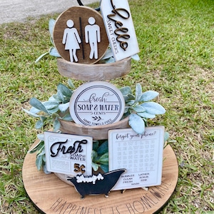 Bathroom Tiered Tray Set - Mini Bathroom Tiered Tray Set - Wash your hands Farmhouse Sign -sweet cheeks - Boy|Girl Restroom