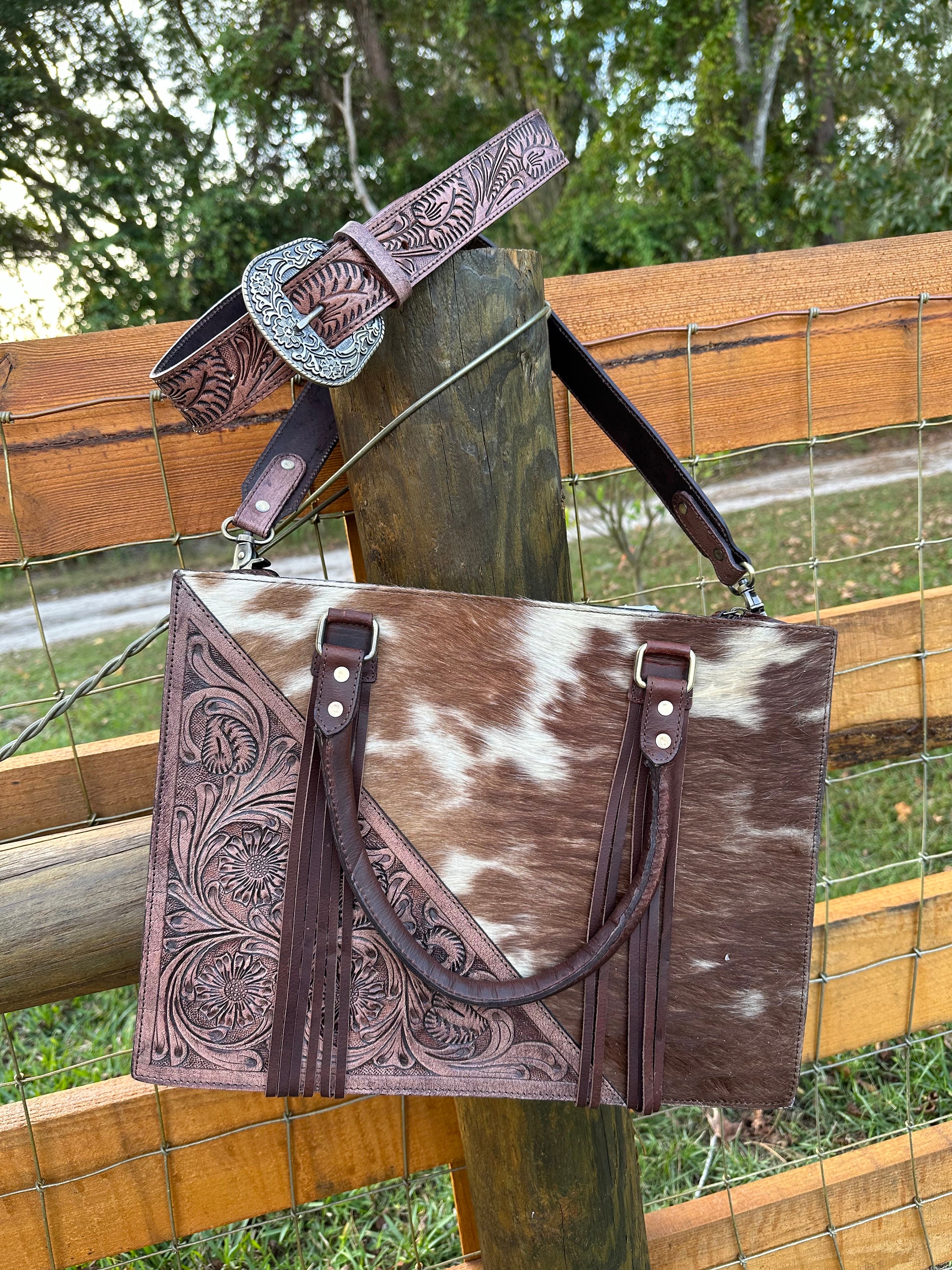 SALE Concealed Carry Tooled Crossbody, Large Cowhide, Genuine