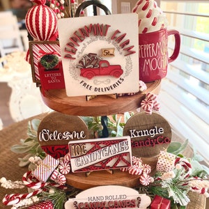 Farmhouse peppermint Christmas Tiered Tray - candy cane Christmas Decor - Christmas Decor - Farmhouse Christmas Truck