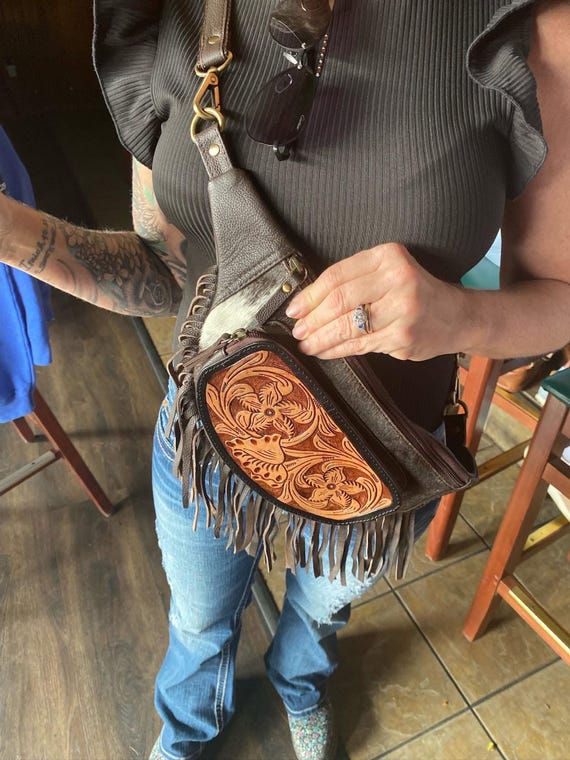 SALE bumbag  Tooled Crossbody,  Cowhide, Genuine Leather, western bum bag, Western Purse, Fringe, Western Floral bag , Cow girl bag