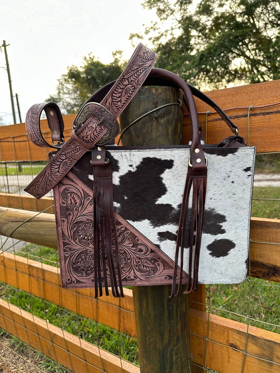 SALE Concealed carry Tooled Crossbody, Large Cowhide, Genuine Leather, laptop Bag, Western Purse, Fringe, Western Floral bag , Cow girl bag