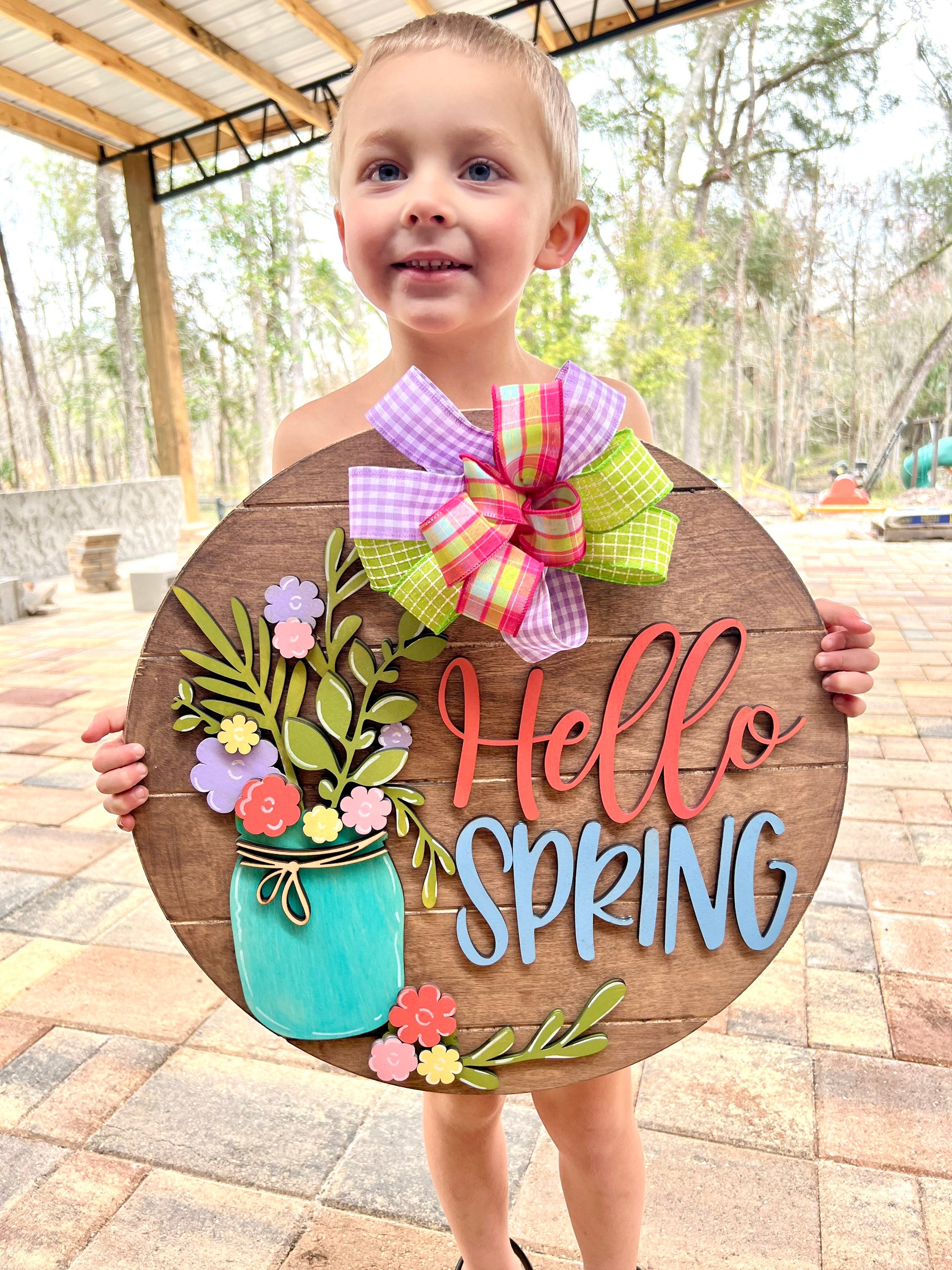 春の花 置物 HELLO Spring Hello Spring 3D Door Hanger, Floral Door Hanger, Wood Flowers