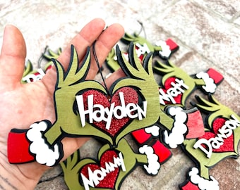 green hand ornament- stocking tag, 3d laser cut