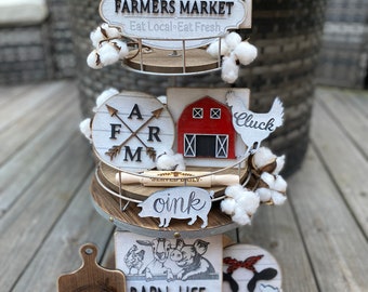 Farmhouse Signs - Tiered Tray Set - Mix and Match Items - Farm - Mini Signs 3D Signs - Cow Pig Chicken - Coffee Bar Wood Signs Rae Dunn Deco