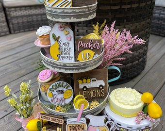 Lemon Tiered Tray Decor, Lemon Tiered Tray, Tiered Tray Decor, Summer Tiered Tray, Tiered Tray, Lemon Decor, Fresh Lemonade, Tray Fillers