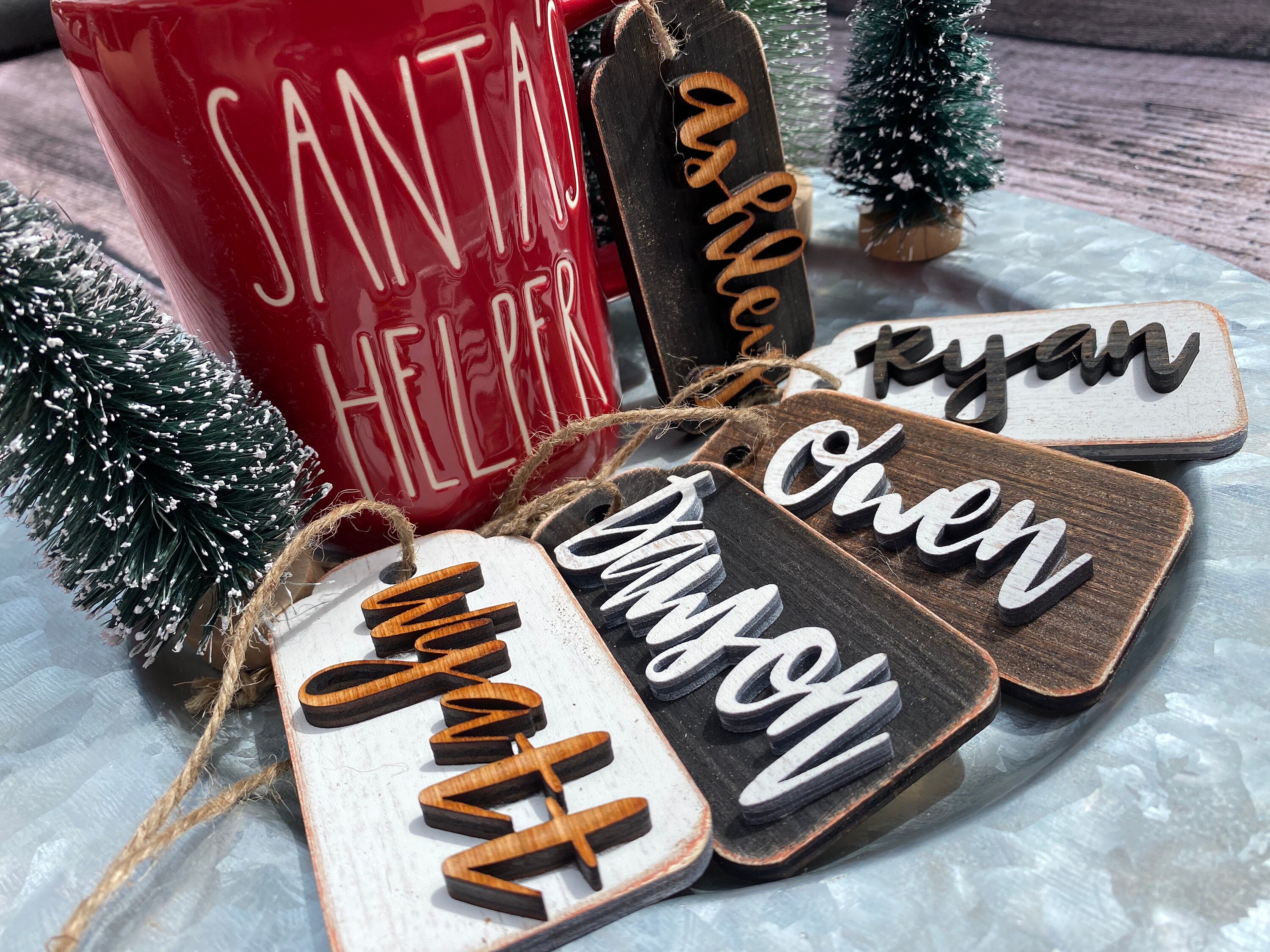 Christmas Stocking Name Tag With Truck and Snow Scene Name Place Cards Personalized Christmas Gift Tags Laser Cut Wooden Gift Tags