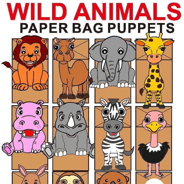 Animals Paper Bag Puppets  Zoo Animal Printable Craft Art for Kids Coloring Puppet Printable Instant Download