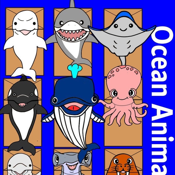 Ocean Animal Paper Bag Puppets Craft for Kids Coloring Puppet Printable Instant Download