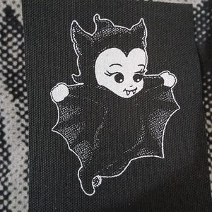 Chibi Kewpie Baby Bat Patch Original design Hand Screen Printed on Black Canvas 4x3
