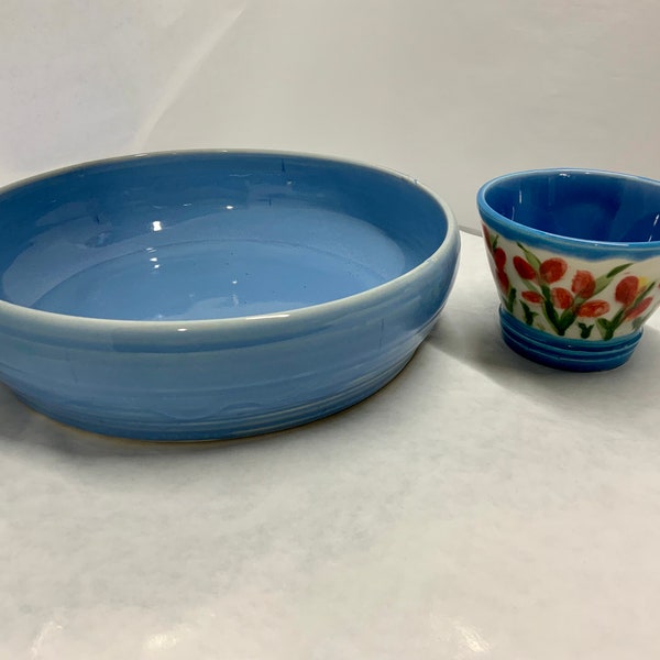 Handmade wheel thrown hand painted serving bowl, salad bowl, ceramic bowl , pottery bowl and cup for chip dip, fruit dip charcuterie.