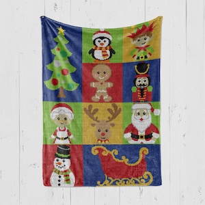 May include: A colorful Christmas-themed fleece blanket with a patchwork design featuring various holiday icons, including a Christmas tree, penguin, gingerbread man, nutcracker, Santa Claus, reindeer, snowman, and a sleigh.