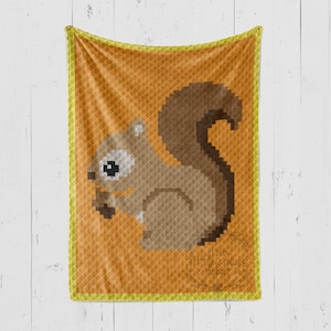 May include: A crochet blanket featuring a brown squirrel holding a nut, on an orange background with a yellow border.