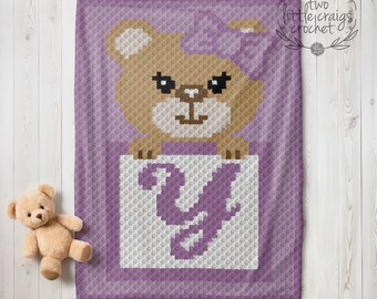 c2c Y Initial Girl Bear Pattern Baby Blanket Corner to Corner Crochet Graph Toddler Woodland Nursery Baby Shower Gift