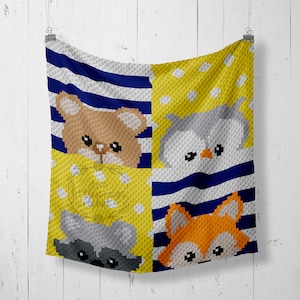 May include: A knitted baby blanket with a patchwork design featuring a bear, owl, raccoon, and fox. The blanket is made with blue, yellow, and white yarn.