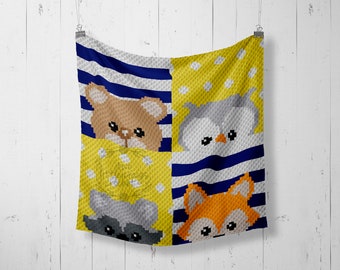 Animales del bosque: zorro, búho, oso, mapache, gráfico de crochet, manta de bebé, patrón de crochet, patrón de manta de bebé de crochet, gráfico de zorro