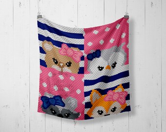 Animales del bosque: zorro, búho, oso, mapache, gráfico de crochet, manta de bebé, patrón de crochet, patrón de manta de bebé de crochet, gráfico de zorro