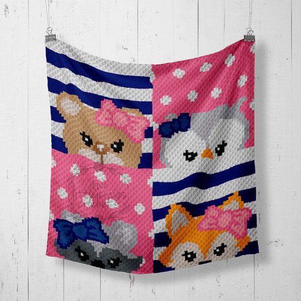 Animali del bosco-Volpe-Gufo-Orso-Procione-Schema uncinetto-Grafico uncinetto-Coperta per neonati-Schema uncinetto-Schema coperta per neonati all'uncinetto-Grafico volpe