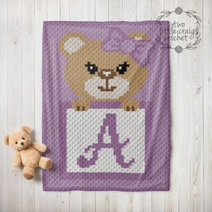 C2c A initiale fille motif ours couverture pour bébé d'un coin à l'autre au crochet graphique enfant en bas âge Woodland chambre de bébé cadeau de shower de bébé